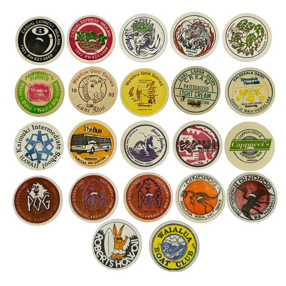Lot of 22 Hawaii Milk Caps Pogs Vintage 90s Hawaiian Advertising Game 1993 - Picture 1 of 7